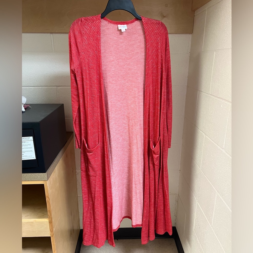 Long red and white striped cardigan